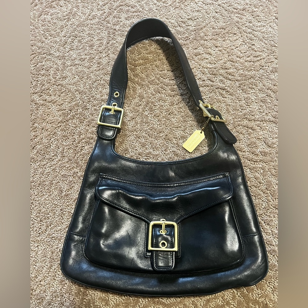 Vintage Coach 9340 Black Leather Hippie Flap Hobo Bag